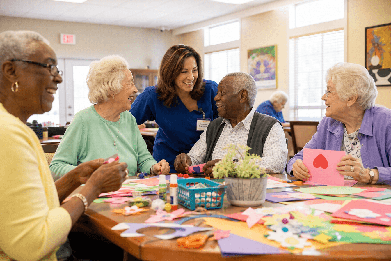 A diverse group of older adults and a friendly activities coordinator enjoy a craft session together at a bright, welcoming adult day health center, laughter and connection visible. Georgia community setting, lively and dignified atmosphere, warm indoor lighting with large windows, photorealism, professional editorial photography, warm tones, 3:2 aspect ratio