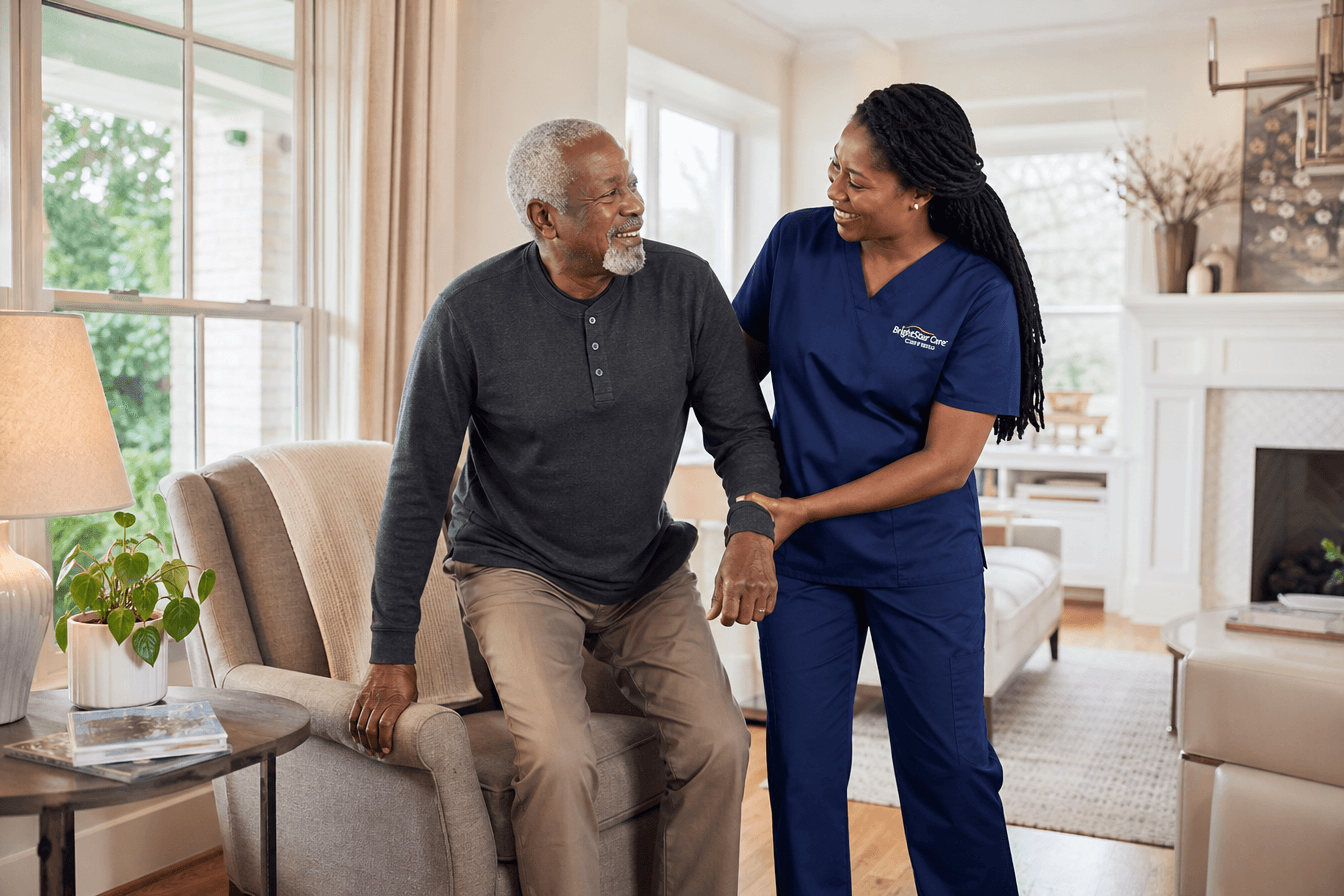 A warm, professional home health caregiver helps an elderly man stand from his armchair with a steadying hand, both smiling with ease and trust in a bright, comfortable living room. Diverse Georgia home setting, reassuring and dignified mood, soft natural daylight through large windows, photorealism, professional editorial photography, warm tones, 3:2 aspect ratio