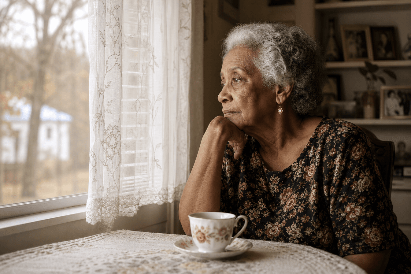 An elderly woman looks out her front window at home with a quiet, wistful expression, a cup of tea untouched beside her, conveying gentle isolation and the need for companionship. Diverse Georgia setting, tender and honest emotional mood, soft muted daylight through sheer curtains, photorealism, professional editorial photography, warm tones, 3:2 aspect ratio