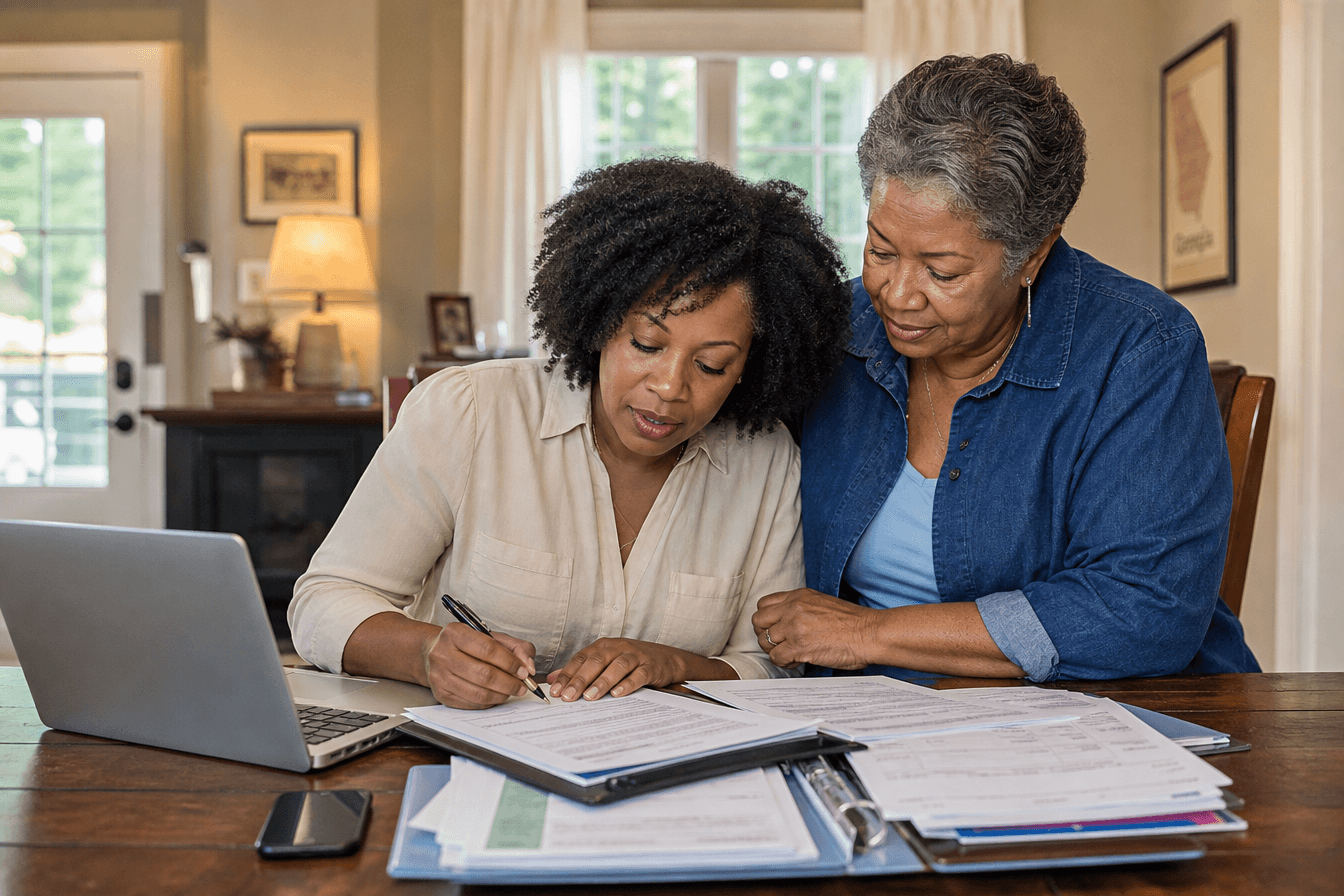 A family member sits at a dining table with a laptop, a phone, and a folder of medical records spread out, filling out waiver application paperwork in a Georgia home, a supportive relative leaning in beside her. Diverse Georgia family, determined and hopeful mood, warm lamp and window light, photorealism, professional editorial photography, warm tones, 3:2 aspect ratio