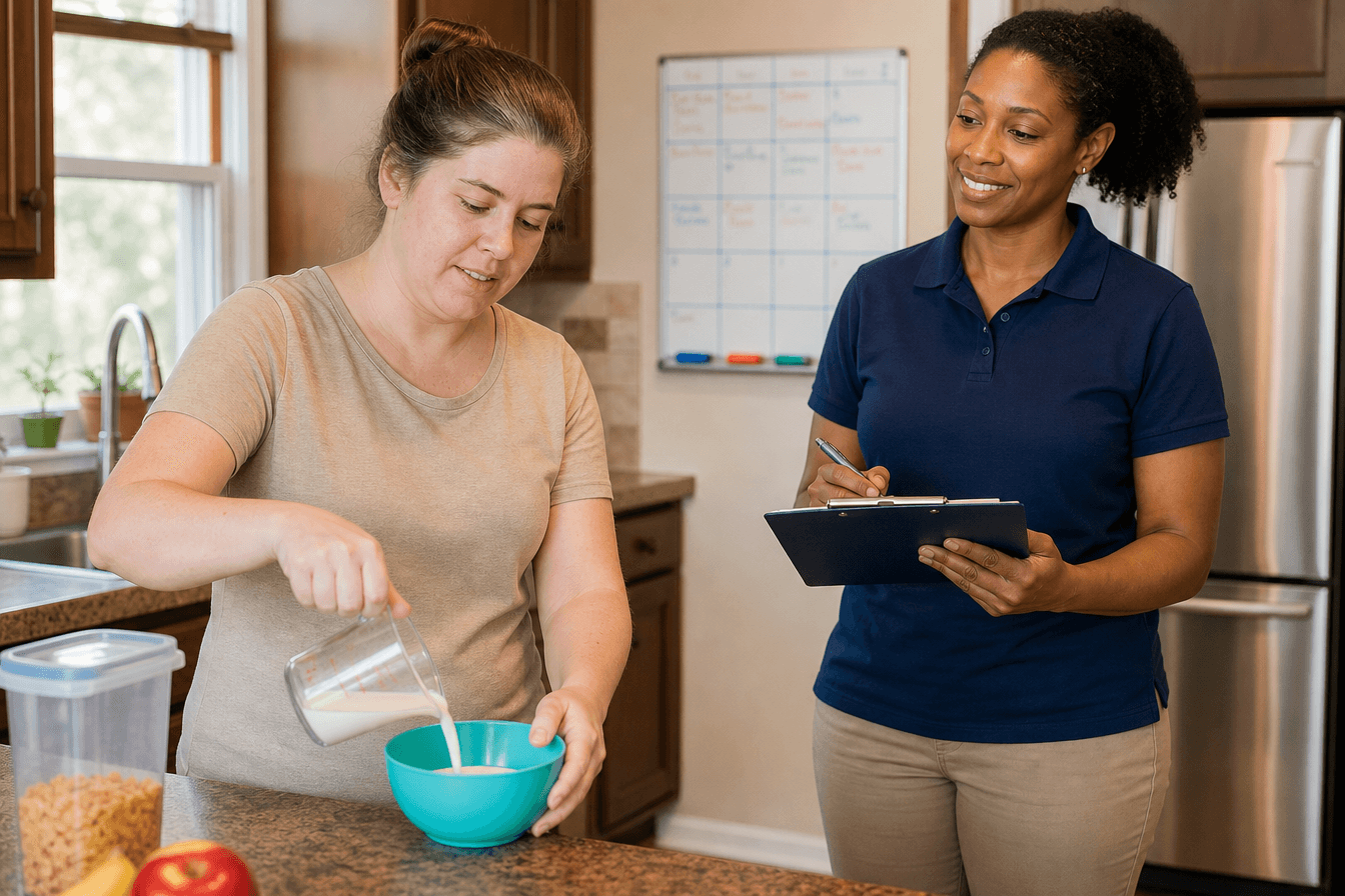 A woman in her thirties with a brain injury practices a daily-living task in her own kitchen while an occupational therapist observes and takes notes on a clipboard, a whiteboard schedule with colored markers visible on the wall behind them. The therapist wears a plain solid-navy polo shirt with no logo and no writing on it. Diverse Georgia household, encouraging and patient mood, bright natural window light, photorealism, professional editorial photography, warm tones, 3:2 aspect ratio. All clothing is plain and unbranded: no logos, brand names, or lettering of any kind