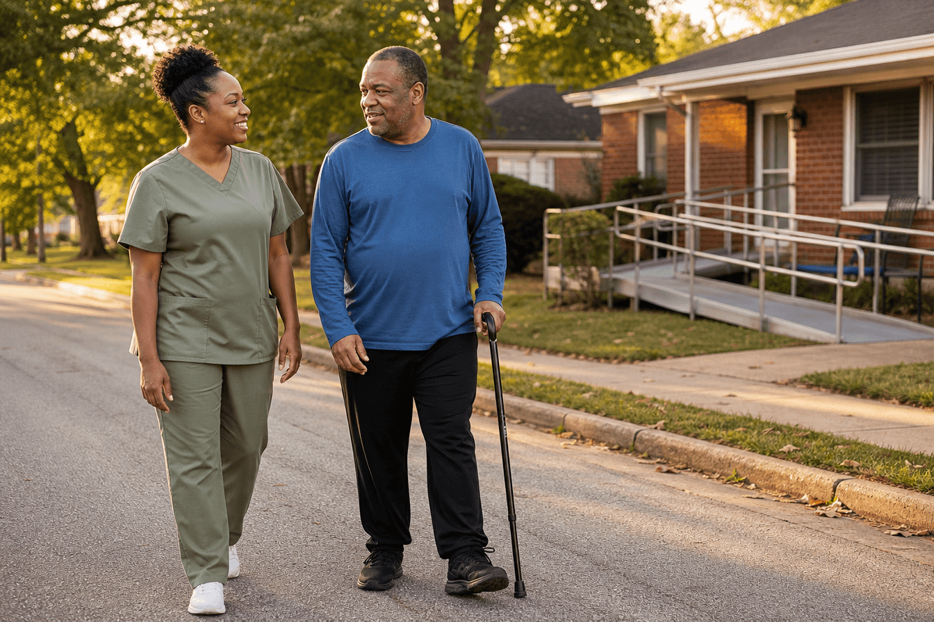A home health aide and an adult male client with a brain injury walk together along a quiet tree-lined residential street in Georgia, the client using a cane, both talking easily; a modest brick home with a wheelchair ramp visible in the background. The client wears plain solid-black athletic trousers with no logo or markings and a plain blue long-sleeve shirt; the aide wears plain sage-green scrubs with no logo. Diverse Georgia community, calm and companionable mood, warm late-afternoon golden light, photorealism, professional editorial photography, warm tones, 3:2 aspect ratio. All clothing is plain and unbranded: no logos, brand names, or lettering of any kind