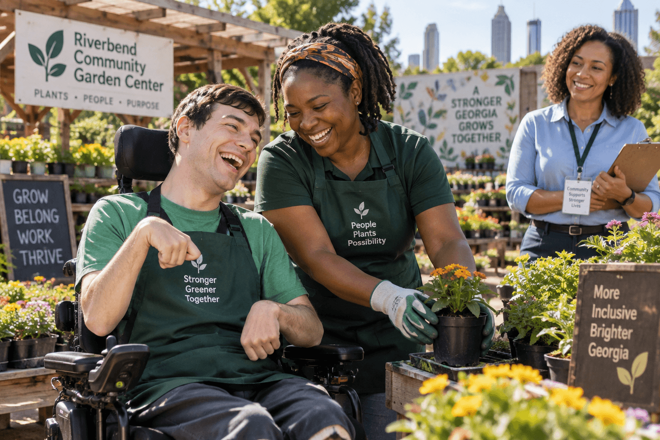 A young adult man with cerebral palsy in a power wheelchair works alongside a job coach at a community garden center, both laughing, a support coordinator observing warmly in the background with a clipboard. Diverse Georgia community setting, mood of independence and possibility, bright outdoor daylight, photorealism, professional editorial photography, warm tones, 3:2 aspect ratio