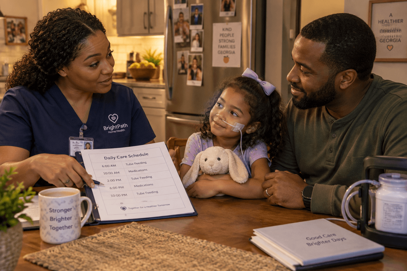 A father and his young daughter with a feeding tube sit together at a kitchen table with a home health nurse who is explaining a care schedule on paper, the father nodding, the daughter holding a stuffed animal. Diverse Georgia family home, atmosphere of calm reassurance and teamwork, soft warm evening light, photorealism, professional editorial photography, warm tones, 3:2 aspect ratio