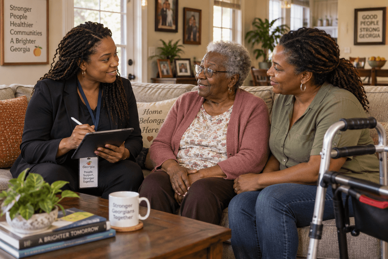 A support coordinator makes notes on a tablet while sitting on a living room sofa with an elderly Black woman and her adult daughter, the three of them talking comfortably, a walker parked nearby. Diverse Georgia home, atmosphere of attentive listening and trust, warm natural afternoon light, photorealism, professional editorial photography, warm tones, 3:2 aspect ratio