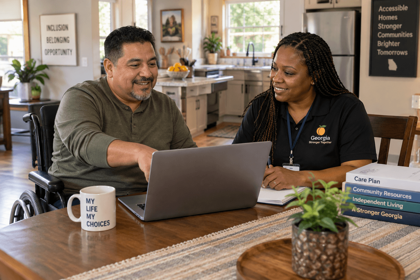 A middle-aged Latino man with a spinal cord injury reviews a care plan on a laptop at his dining table with his case manager, an accessible kitchen with lowered counters visible behind them, both engaged and confident. Diverse Georgia home, atmosphere of self-direction and partnership, warm natural window light, photorealism, professional editorial photography, warm tones, 3:2 aspect ratio