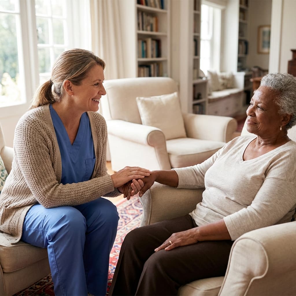 Compassionate caregiver holding hands with a client in their home